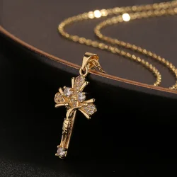 18K Gold Inlaid Zircon Cross Pendant Believer Clavicle Chain Necklace for Women Exquisite Chain Necklace Fine Jewelry Gifts