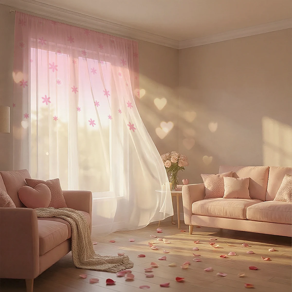 1 PC Pink Floral Gradient Print，Mother's Day 70% Light Filtering Privacy Sheer Curtain for Living Room Bedroom Study, Removable