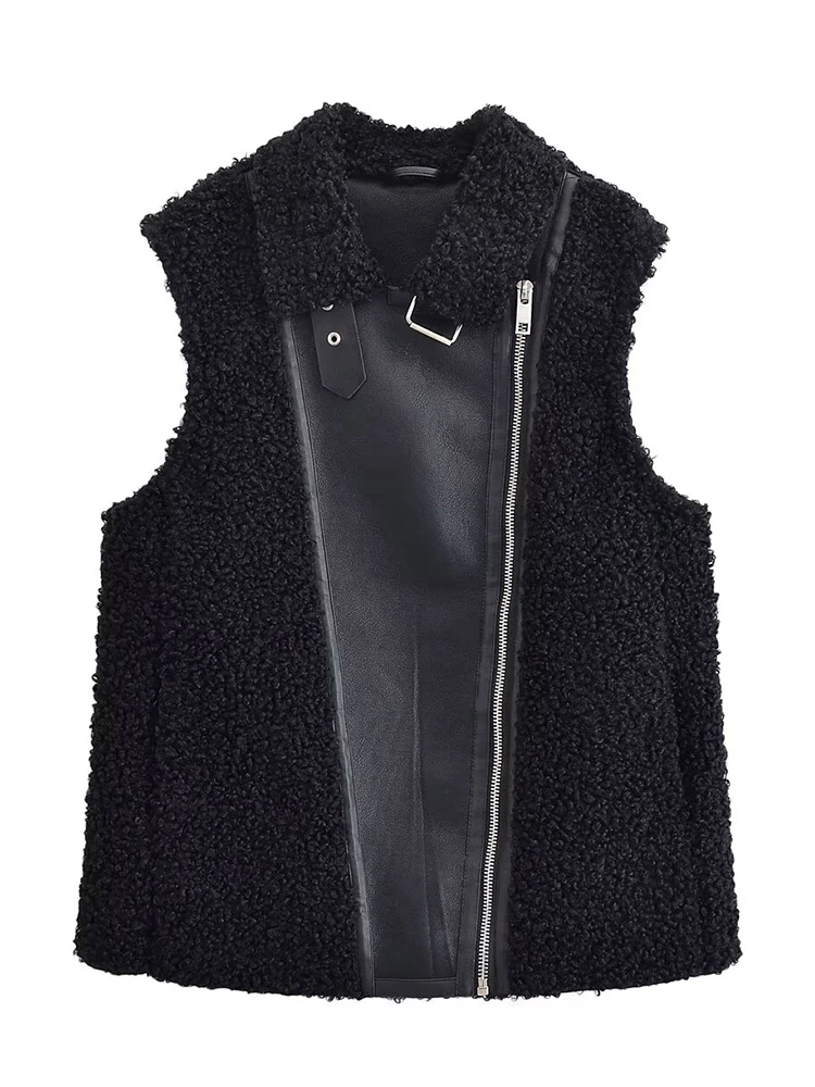 

HH Vintage Women Faux Wool Fleece Leather Waistcoat 2025 Fashion Female Sleeveless Lapel Zipper Vest High Street Lady Outwear