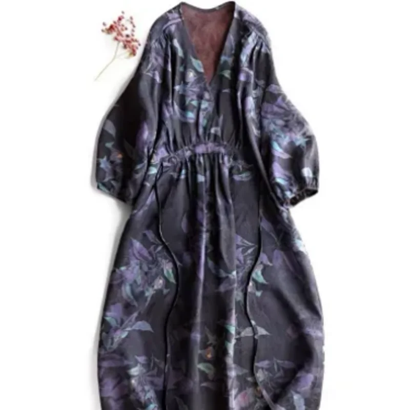Chinese Style Flower Print Long Dress Women Spring Summer Vintage V Neck Long Sleeve Loose Dresses High Waist Daily Dresses