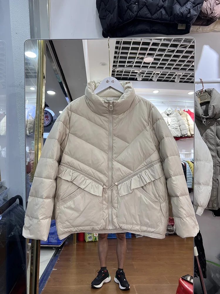 2025 Winter New Down Jacket Women's Short Style Korean Style Lace Stand Collar Casual Versatile White Duck Down Coat