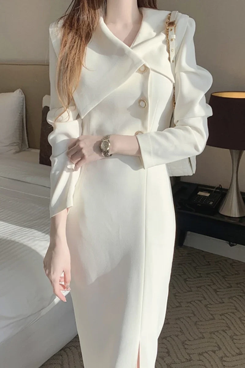 Neploe 2024 Korean Chic Spring Elegant Turn Down Collar Buckle Waist Solid Long Sleeve Wrap Hip Chiffon Dress Women Vestido