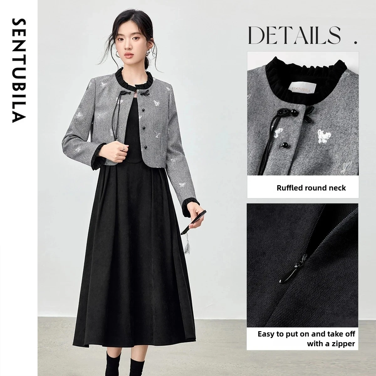 SENTUBILA レディース ツーピースセット 2025 秋 中国風 タッセルボタンコート＆フリルエッジスタンドカラーAラインワンピース Q53ZB3568