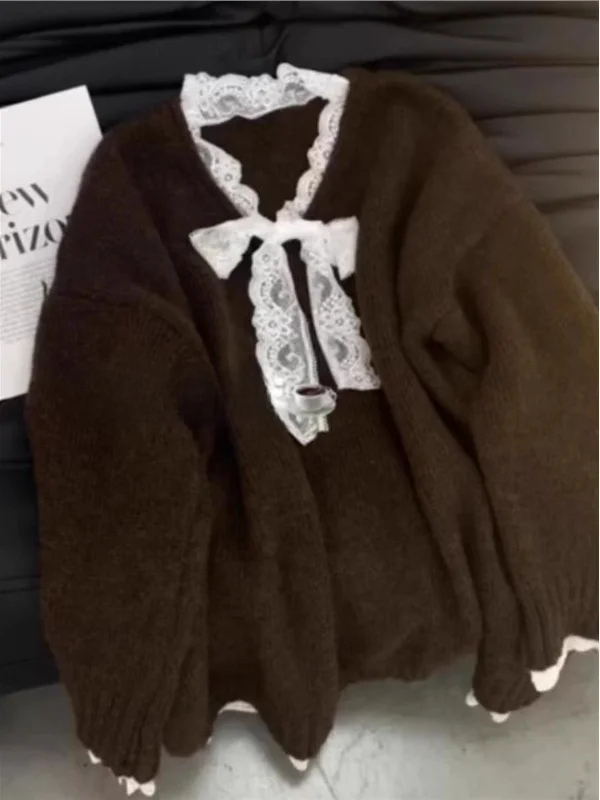 플러스 사이즈 레이지 슬레 브이넥 니트 스웨터 여성용 가을 고급 레이스 스플라이싱 페이크 투피스 탑 편안한 루즈핏