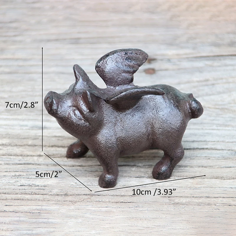 Cast Iron Flying Pig Statue Rustic Black Cute Little Piggy Paperweight Garden Collection Figurines Home Office Desk Ornament