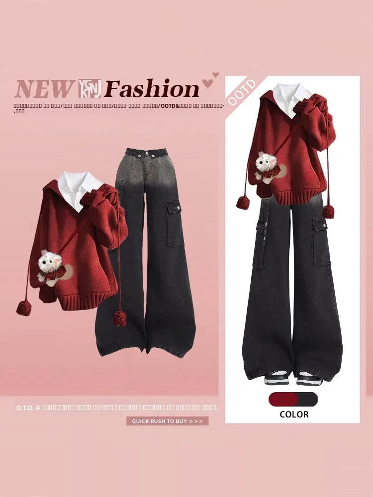 

Красная винтажная вязаная шапка Cisas adient, джинсовый свитер и брюки, комплект с высокой талией для женщин, длинный све, зимний фа...