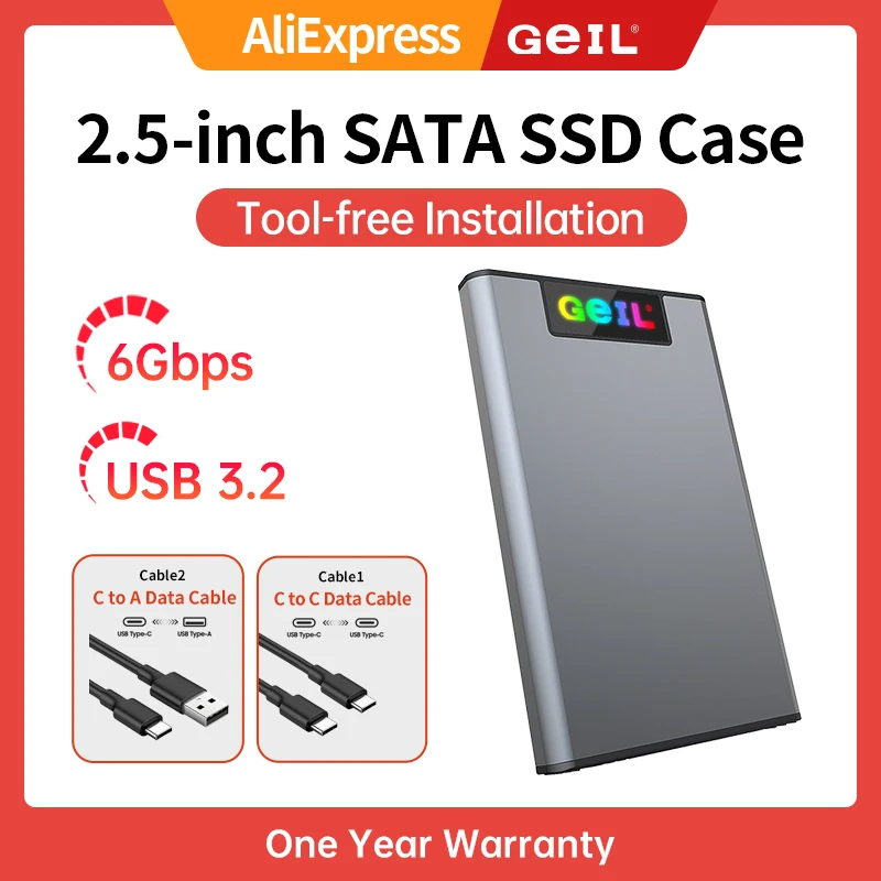 

GeIL 6G-U2 2,5-дюймовый корпус SATA SSD Внешний интерфейс USB 3.2 Gen 1 6 Гбит/с Type-C + USB HD Storage Box Домашний безвинтовой