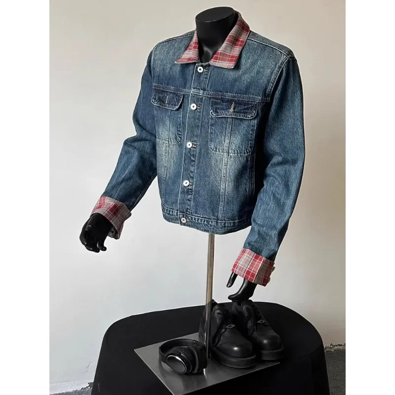 American Retro Plaid Lapel Jeans Jacket Men's Autumn Design Sense Shoulder Padded Splicing Jacket Tide