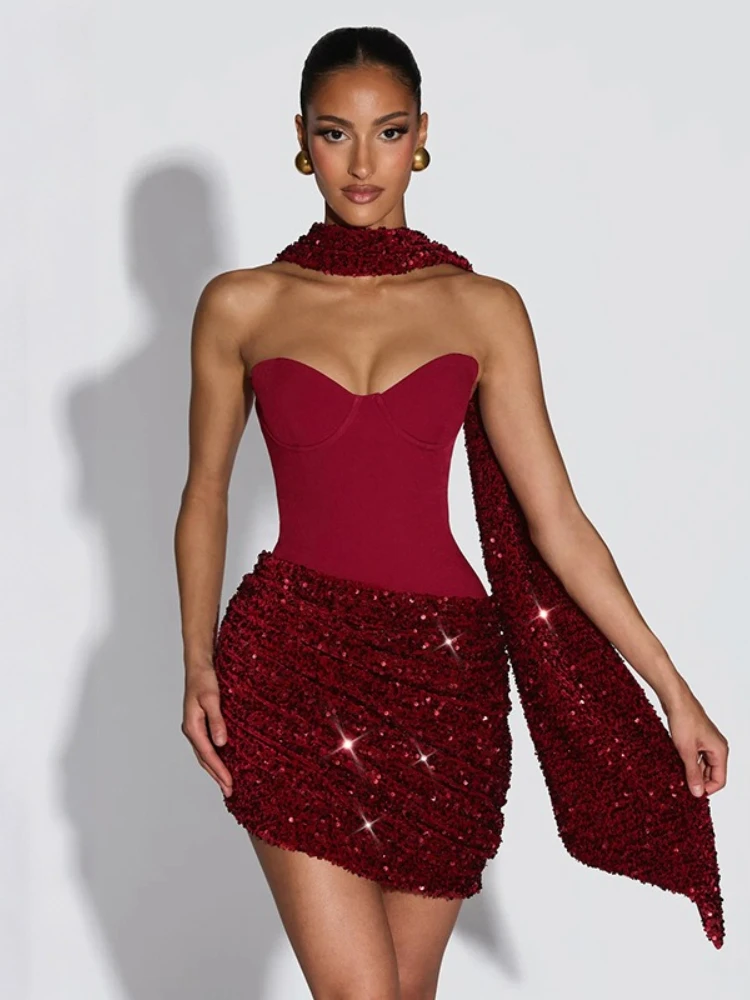

FDYOUI Luxury Bandage Sequins Wine Red Wedding Dress Women Sexy Off Shoulder Backless Ruched Short Gowns Evening Party Dresses