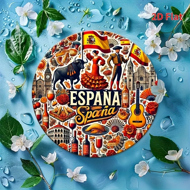 2D Flat, 1pc Round Vintage-Style 2D Aluminum Wall Plaque - Traditional Spanish Culture Decor with Flamenco Dancer, Bullfighter &