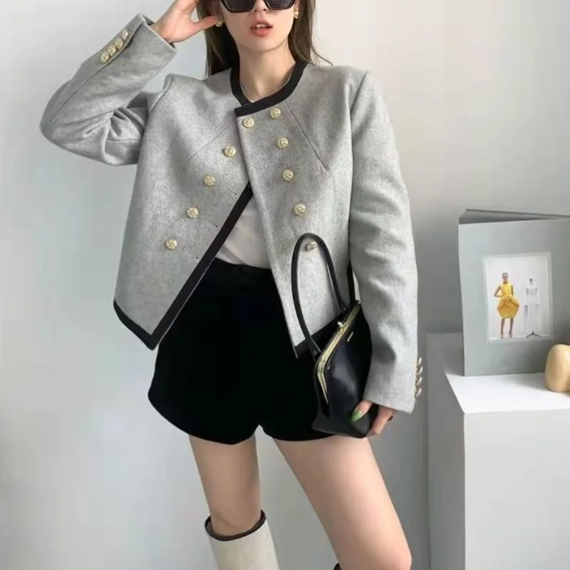 

Women Spring New O-Neck Woolen Little Fragrance Suit Fashion Irregular Solid Button Pocket Splicing Versatile Long Sleeved Coat