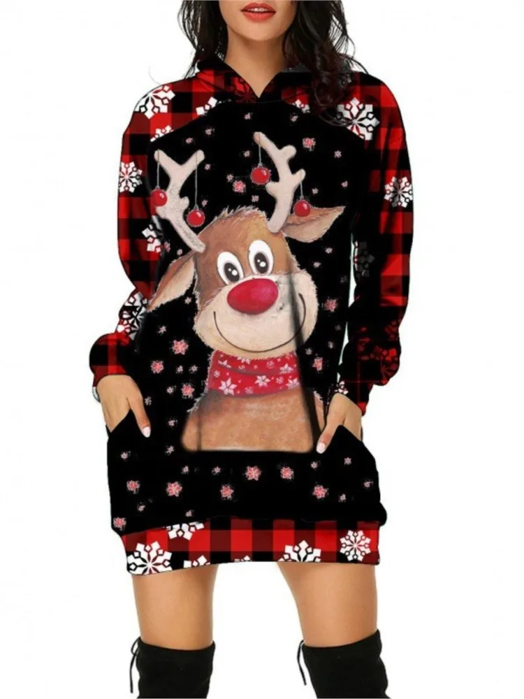 

Elegant Long Sleeve Hooded Christmas Elk Printing Dress For Women Fashion Autumn Loose Casual Christmas Hoodie Dresses Female