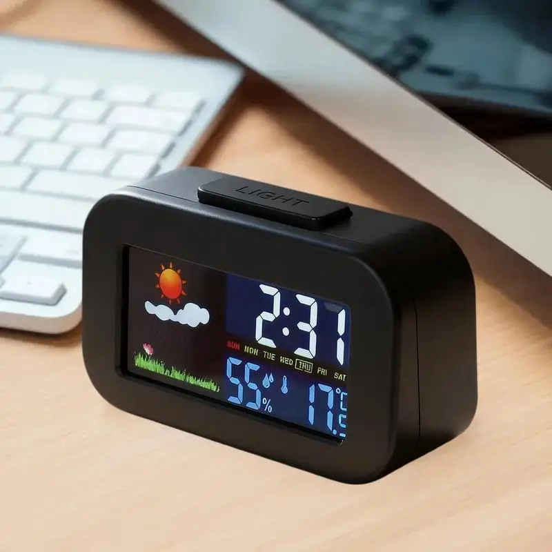 Weather Station Clock With Color Display - Temp & Humidity Monitor Backlit For Kids & Teens Perfect For Bedroom/Dorm Desk