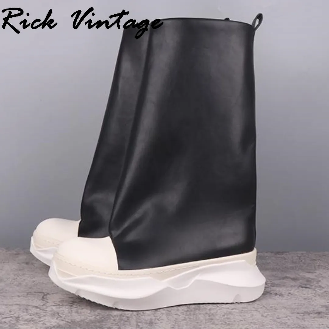 Rick Vintage Women Platform Motorcycle Boots High-TOP PU Leather Mid-Calf Sneaker Luxury Trainers Casual Autumn Flat Black Shoes