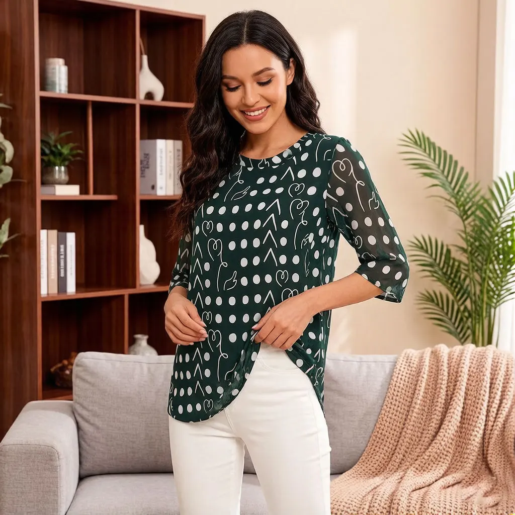 

Women Dark Green Geometric Print Blouse Chiffon Top with Flare Sleeve Crew Neck Pearl Button Casual Loose Fit Summer Tunic