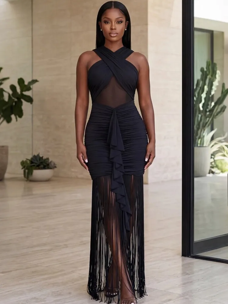 Robe longue élégante pour femme, col en V, sans manches, couleur unie, pour soirée, fête, style urbain, Vestidos, été automne 2026