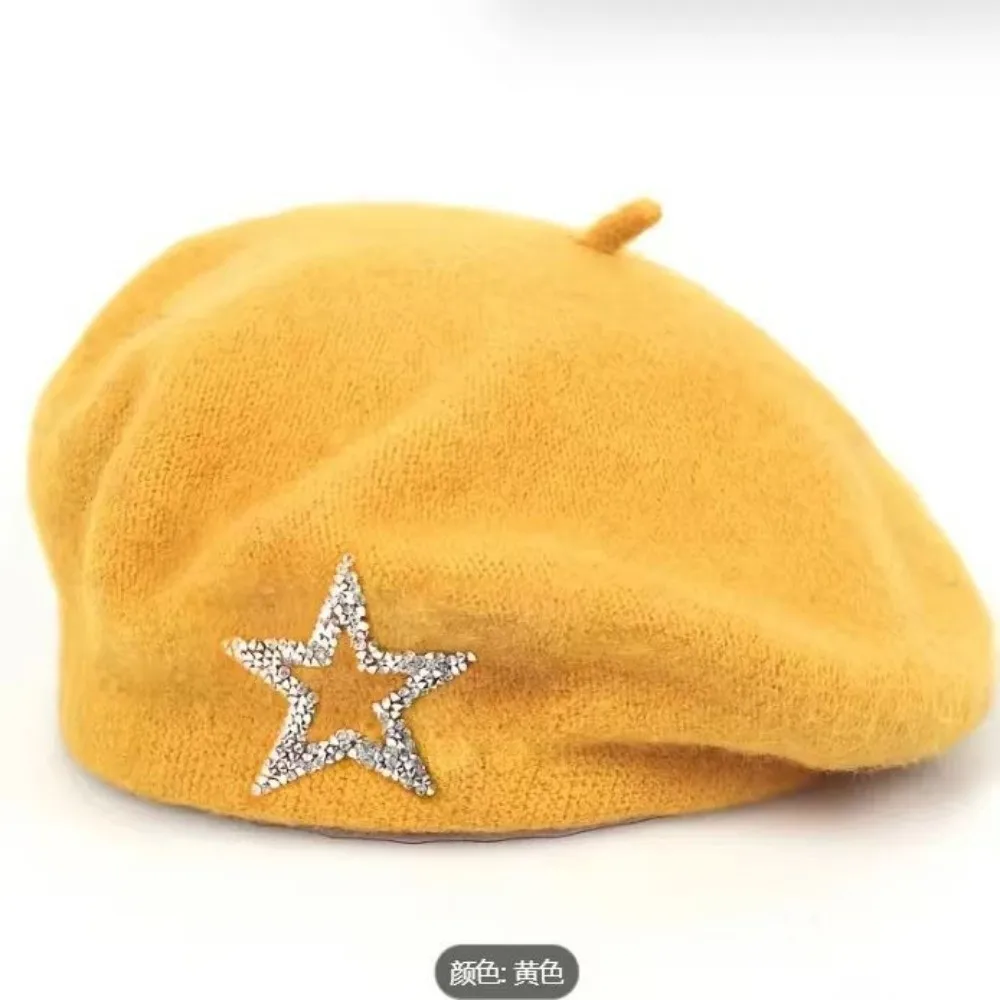 Artist Hat Five-Pointed Star Wool Beret Soft Solid Color Knitted Painter Hat Warm Rhinestone Decor Beanie Cap Street Photography