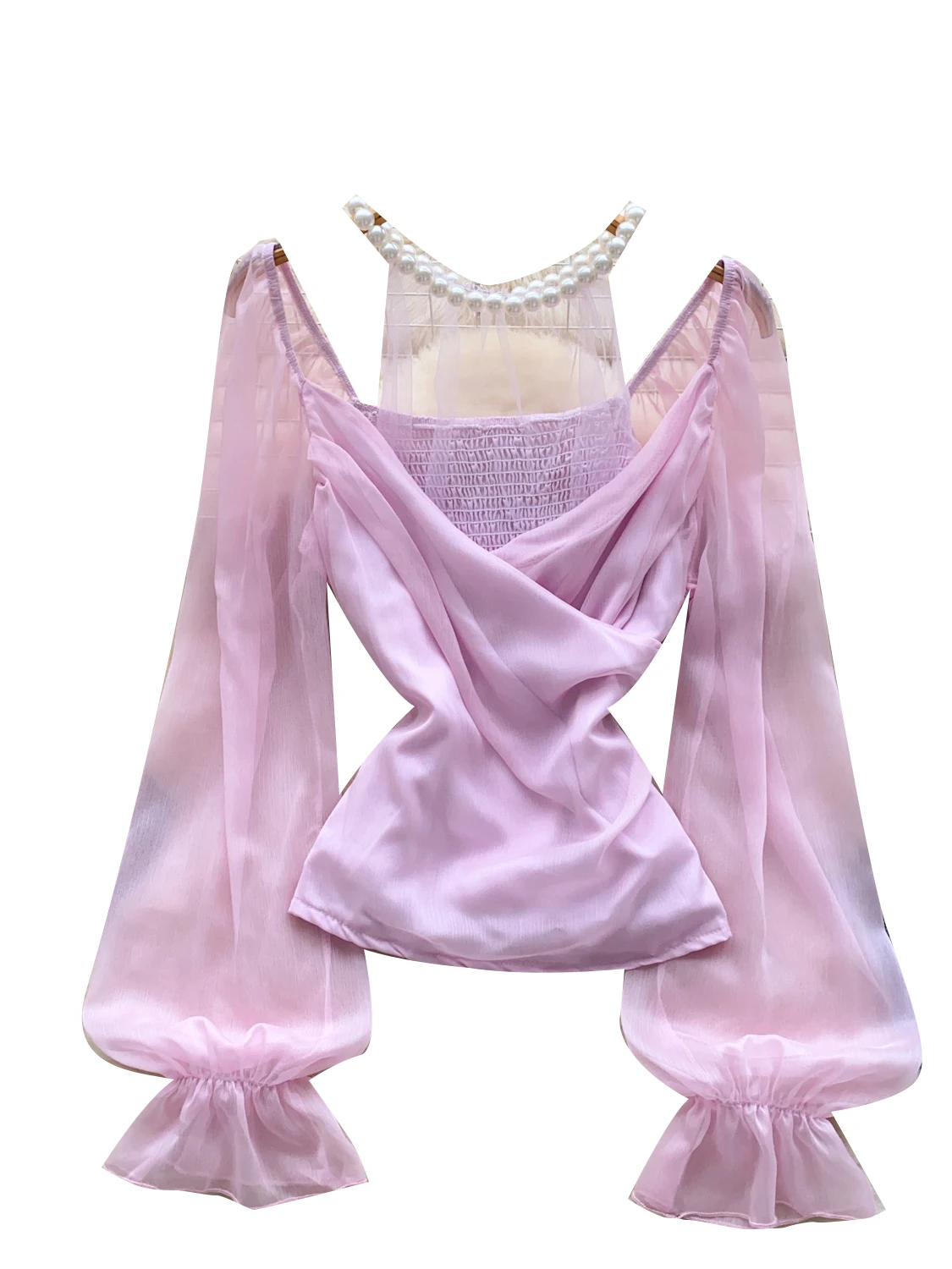 Women's Beaded Neck Hang Mesh Patchwork Shirts V-neck Slimfit All Match Chiffon Blouse Summer Loose Commuting Long Sleeves