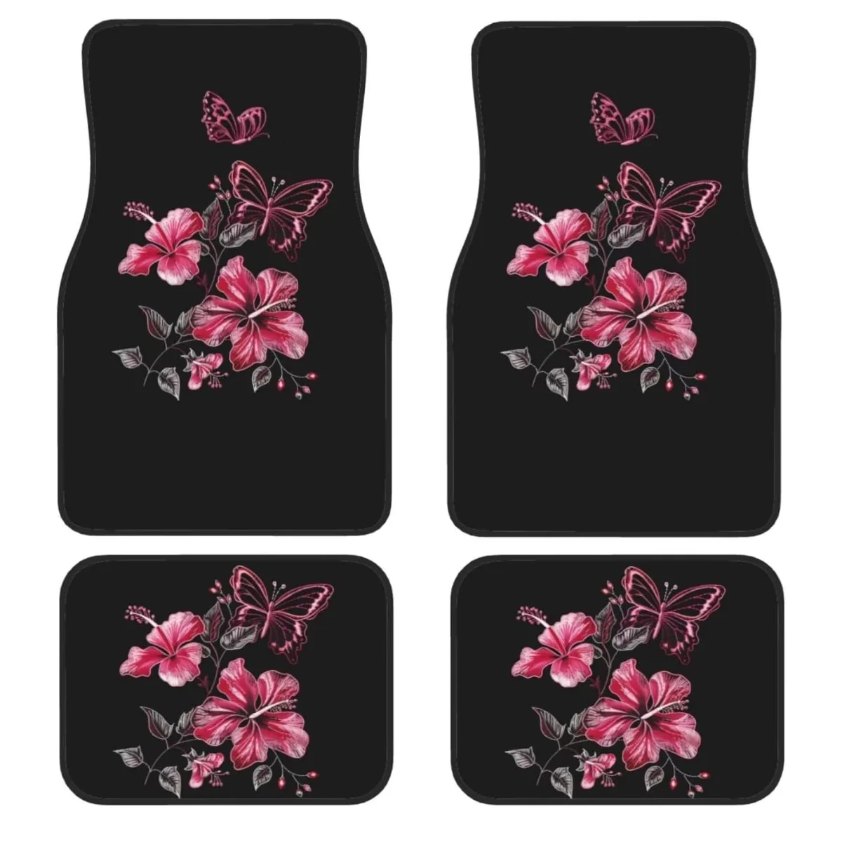 

Hibiscus & Butterfly Car Floor Mats Full Set of 4,Black Vehicle Carpets Mat Car Floor Carpets Rugs ,Car Accessories