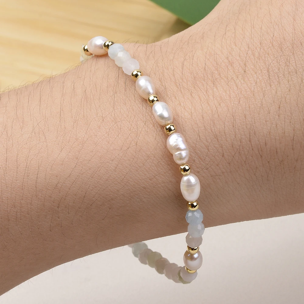 Braccialetto estensibile con perle di pietra naturale da 4mm e perle di Freswater bracciale moda donna adatto per l'uso quotidiano delle donne