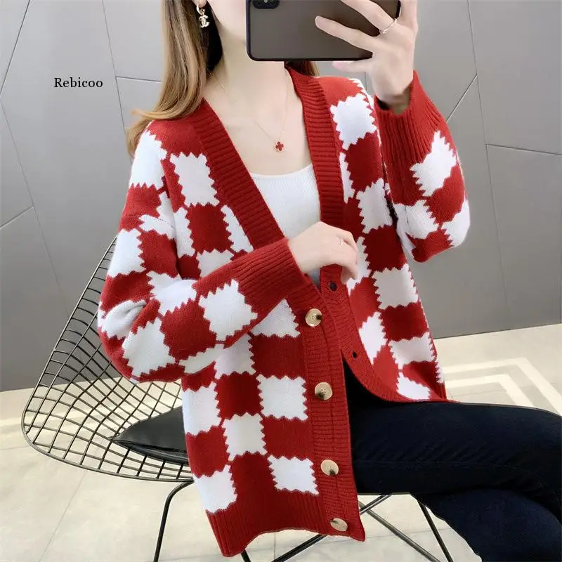 

High sense of checkerboard lamb plush cardigan button jacket women 2021 winter clothes women thick loose all-match jacket womens