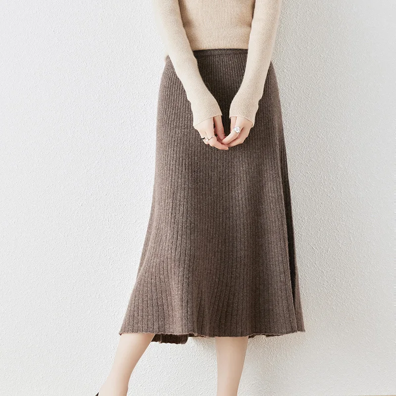 Women's Knitted Mid-Length Skirt, 100% Merino Wool Sweater, Versatile Commuter, Striped A-Line, Autumn and Winter, New