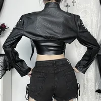 Goth Dark Faux Pu Leather Long Sleeve Crop Shrug Tops Grunge Women Rivet Zip Coats Chic Streetwear Jackets Mall Gothic Smock Top 2