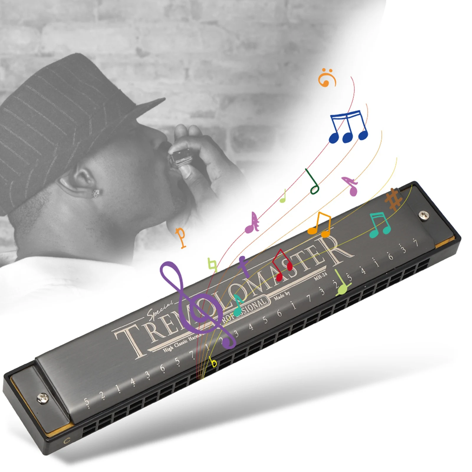 Mouthorgan Harmonica Diatonic Harp C مفتاح 24 حفرة لامعة سوداء نوير براعة MH-24 مادة القصب لوحة قاعدة نحاسية 1.0 مللي متر نحاس #3