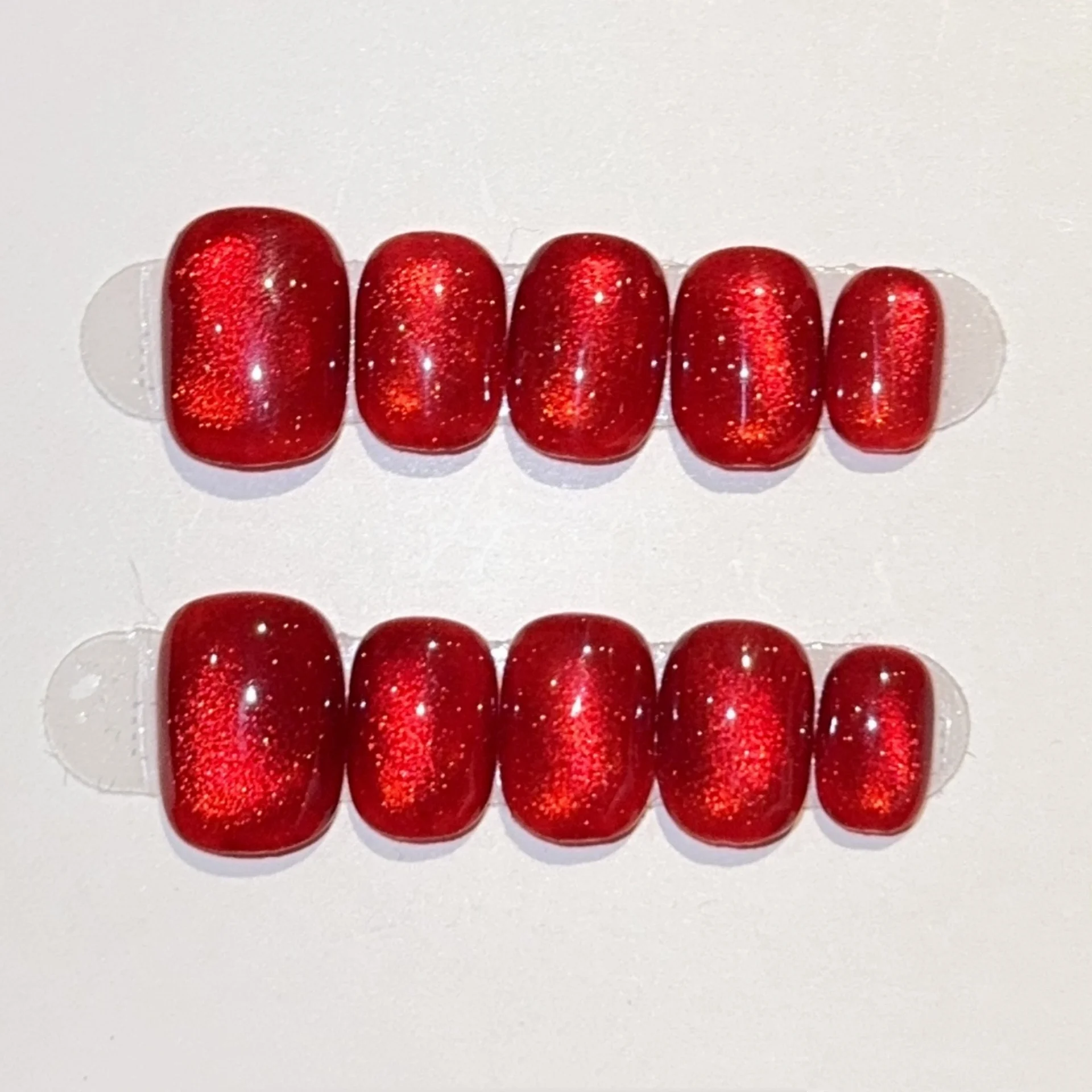 

10pcs Red Gem Handmade Nails Sets Press on Solid Color Cat's Eye Fake Nails Tips Finished Simple False Nail Art Acrylic Manicure