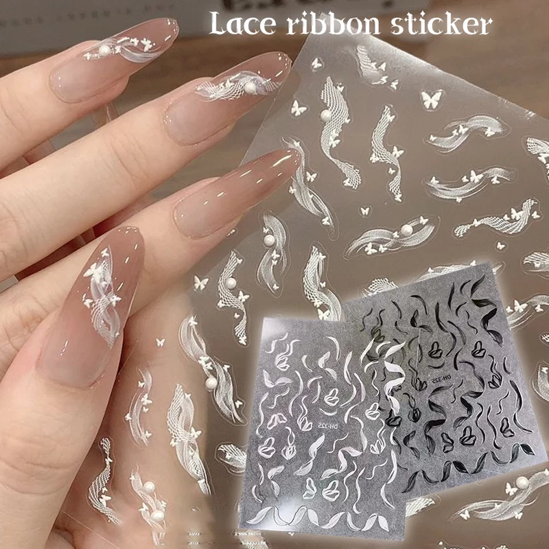 1 Sheets White Lace Ribbon With Pearl Nail Stickers Adhesive Nail Art Sticker Nail Art Decoration