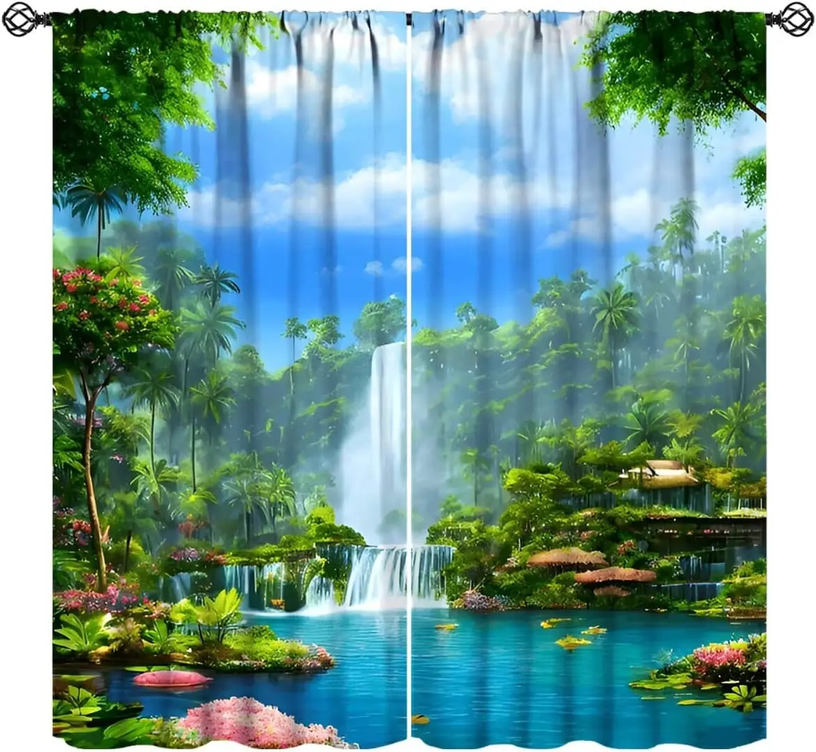 

Waterfall Curtains, Spring Nature Greenary Landscape Window Treatment, Rod Pocket Darkening Drapes for Bedroom Living Room Home