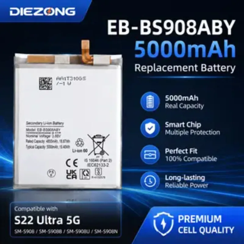 

New EB-BS908ABY 5000mAh Mobile Phone Battery for Samsung Galaxy S22 Ultra 5G SM-S908 SM-S9080 S908U S908N Replacement Battery