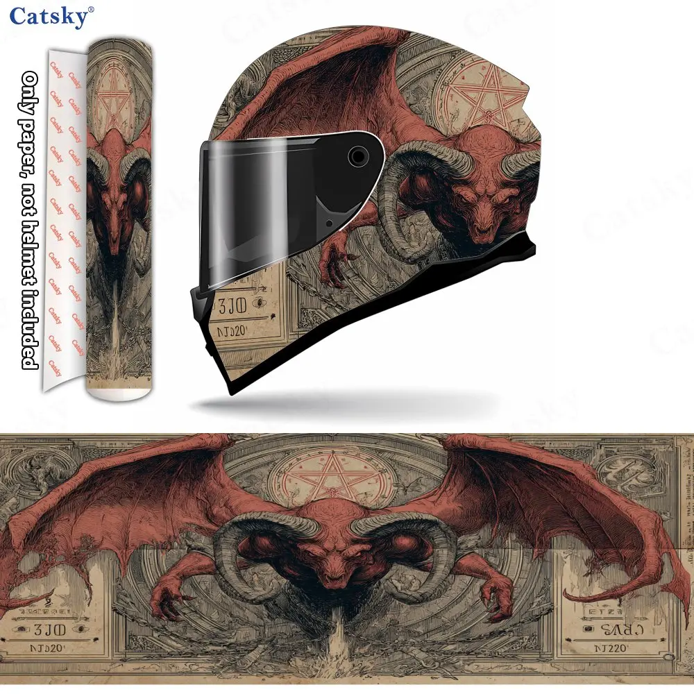 Blazing Red Horned Demon Print Helmet stickers , PVC Material Multifunctional Helmet Stickers, Scratch-Resistant & Fade-Proof, E