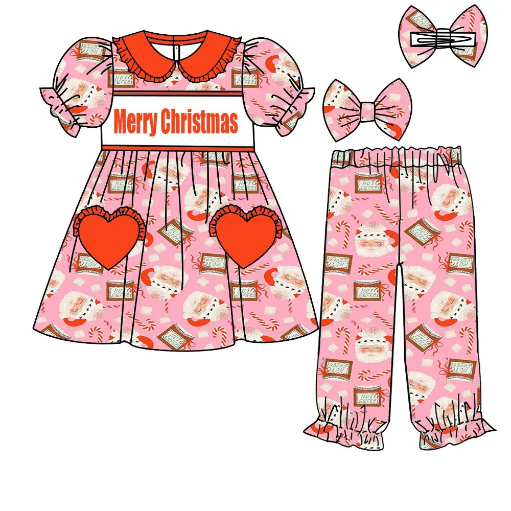 

Hot selling children's pajamas Christmas cup print ruffled applique full set pajamas children's set