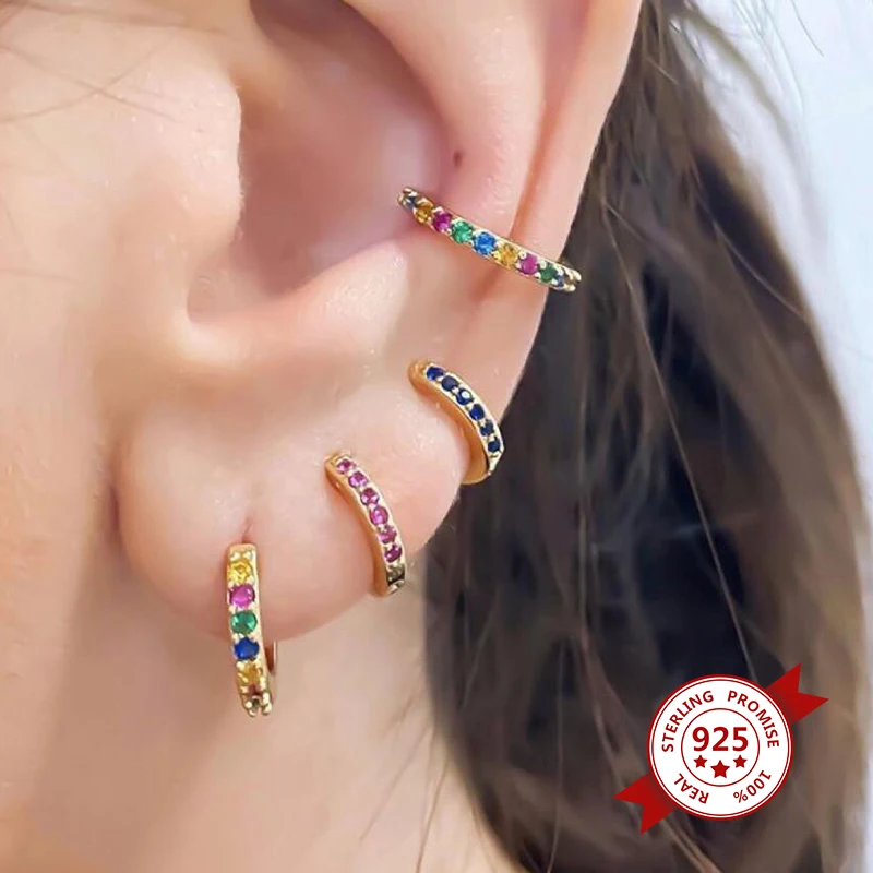 925 Sterling Silver Ear Needle 7mm Small Hoop Earrings For Women Colorful Crystal Round Gold Silver Earrings Fashion Jewelry