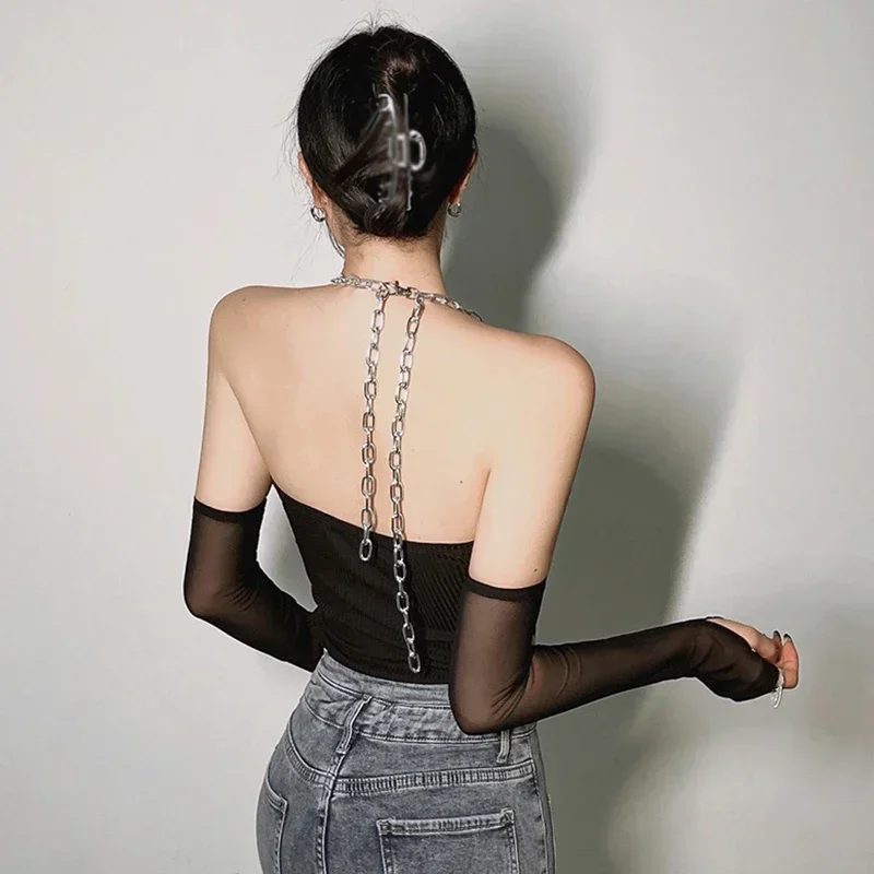 Chain Halter Basic Jumpsuit Women Bodycon Leotard Top Gauze Splicing Retro Slim Sexy Long Sleeves Hot Girl Streetwear