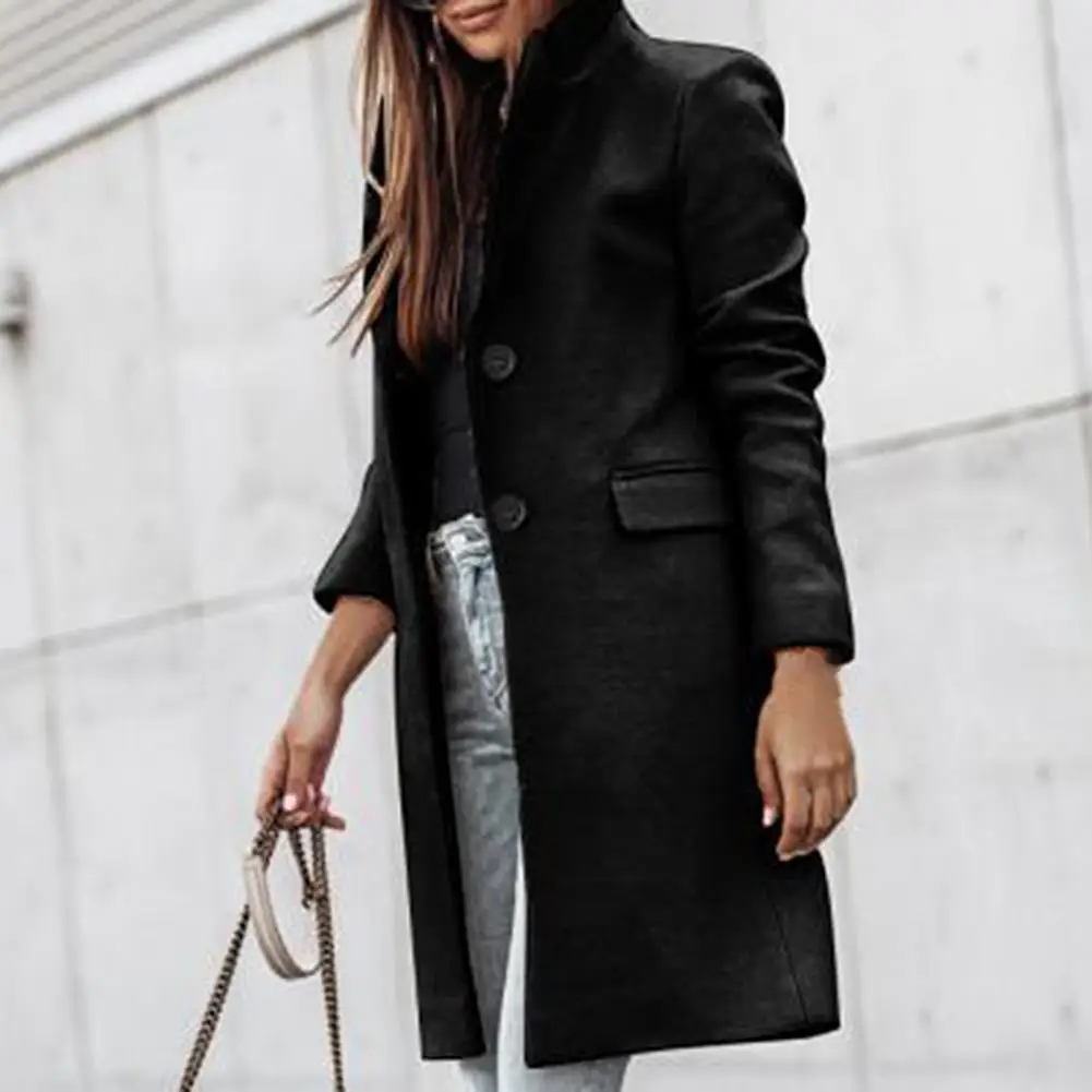 معطف صوف أحادي اللون مع جيوب وطية صدر ، معطف طويل دافئ ، صدر واحد ، كل مباراة ، عارضة ، الخريف ، الشتاء