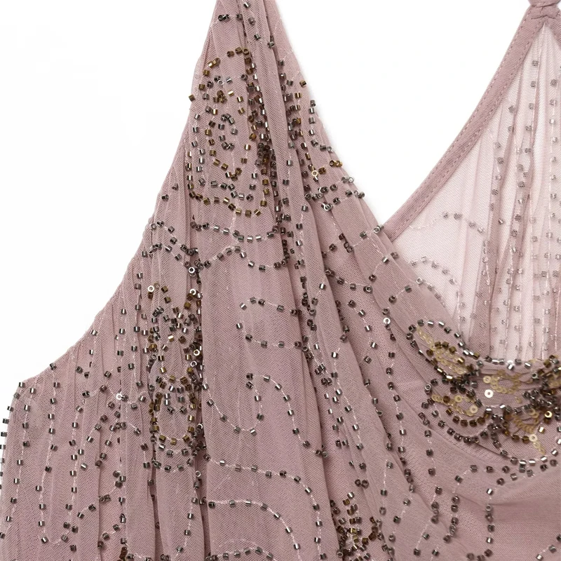 HXAO Abiti corti con perline 2025 Abiti da festa estivi senza maniche da donna Mini abito sottoveste in tulle plissettato Abito da ballo sexy aderente