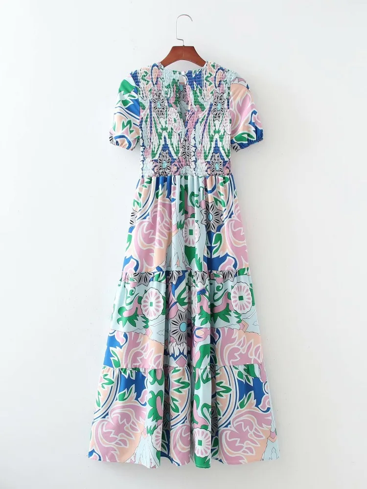 

Summer Printed Long Dress for Women Holiday Style Modern Loose Short Sleeves Large Hem Casual Dress Elastic A-line Beach Dresses