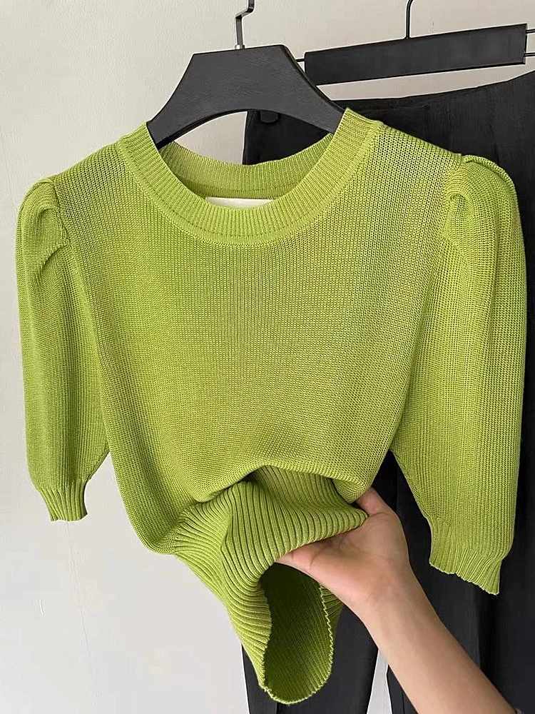 グリーンアイスシルクニット半袖Tシャツ レディース 薄手 夏 ユニーク エレガント パフスリーブ ミドル丈トップス おしゃれ カジュアルウェア