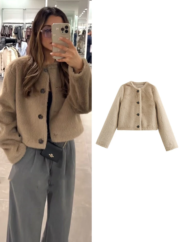 女性用シックなフェイクファーショートジャケットコート、秋の新作、長袖、シンプルな通勤スタイル、Oネック、ファッショナブルな女性用ボタンアップ暖かいコート