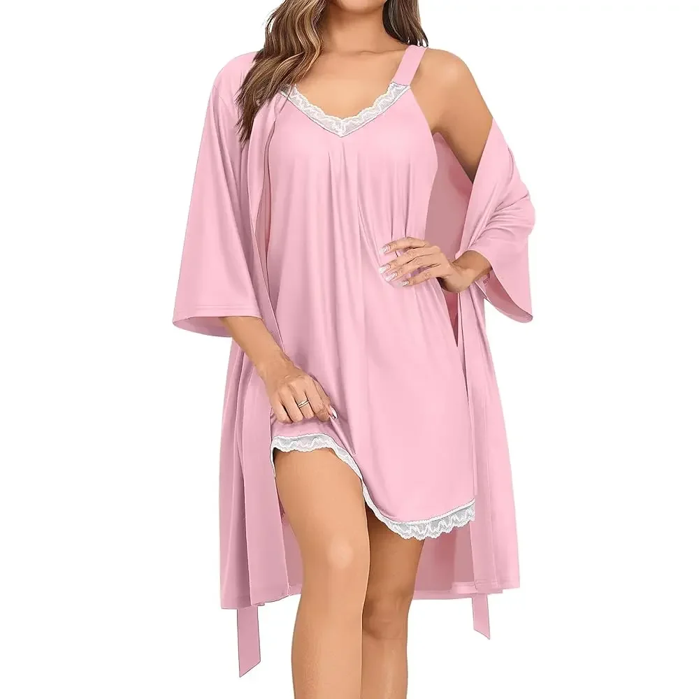 

Nightgown and Robe Sets for Women 2 Piece Sleeveless Sexy Lace Strap Pajamas and 3/4 Sleeves Bathrobe with Pockets