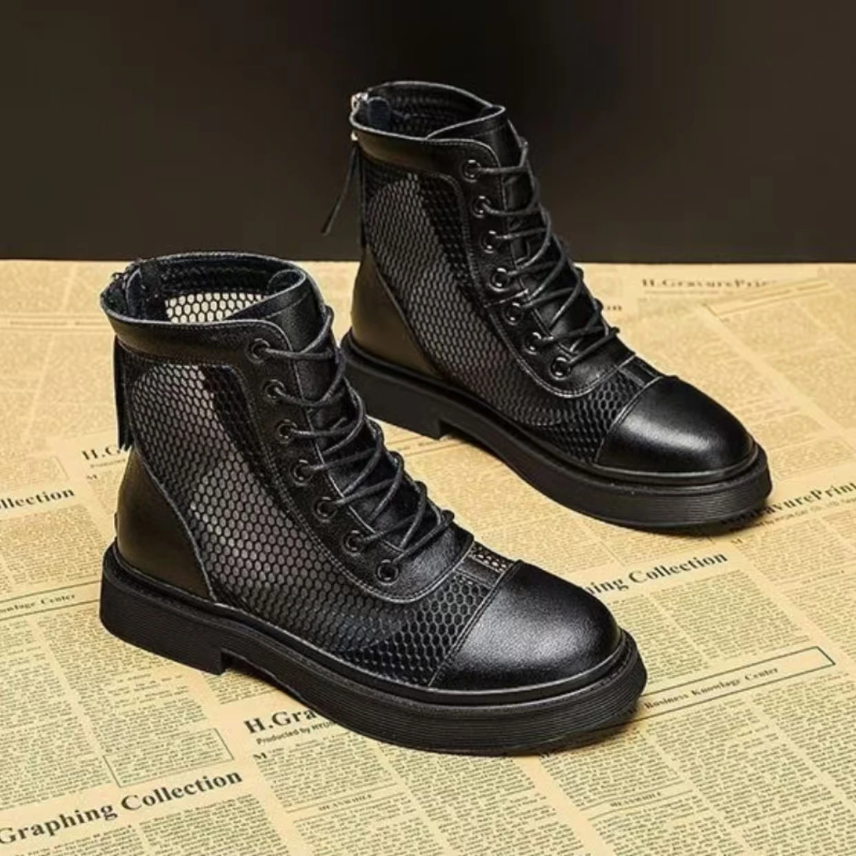 

Women Spring Summer Mesh Flat Sole Ankle Boot Soft sole Round Toe Hollow Out Lightweight Breathable High Top Zippers Cool Boots