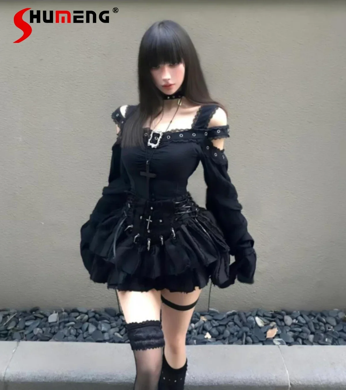 Autumn Hot Girl Subculture Dark Two-piece Set Female Punk Gothic Off-Shoulder Long Sleeve Top Heavy Industry Short Skirt Set