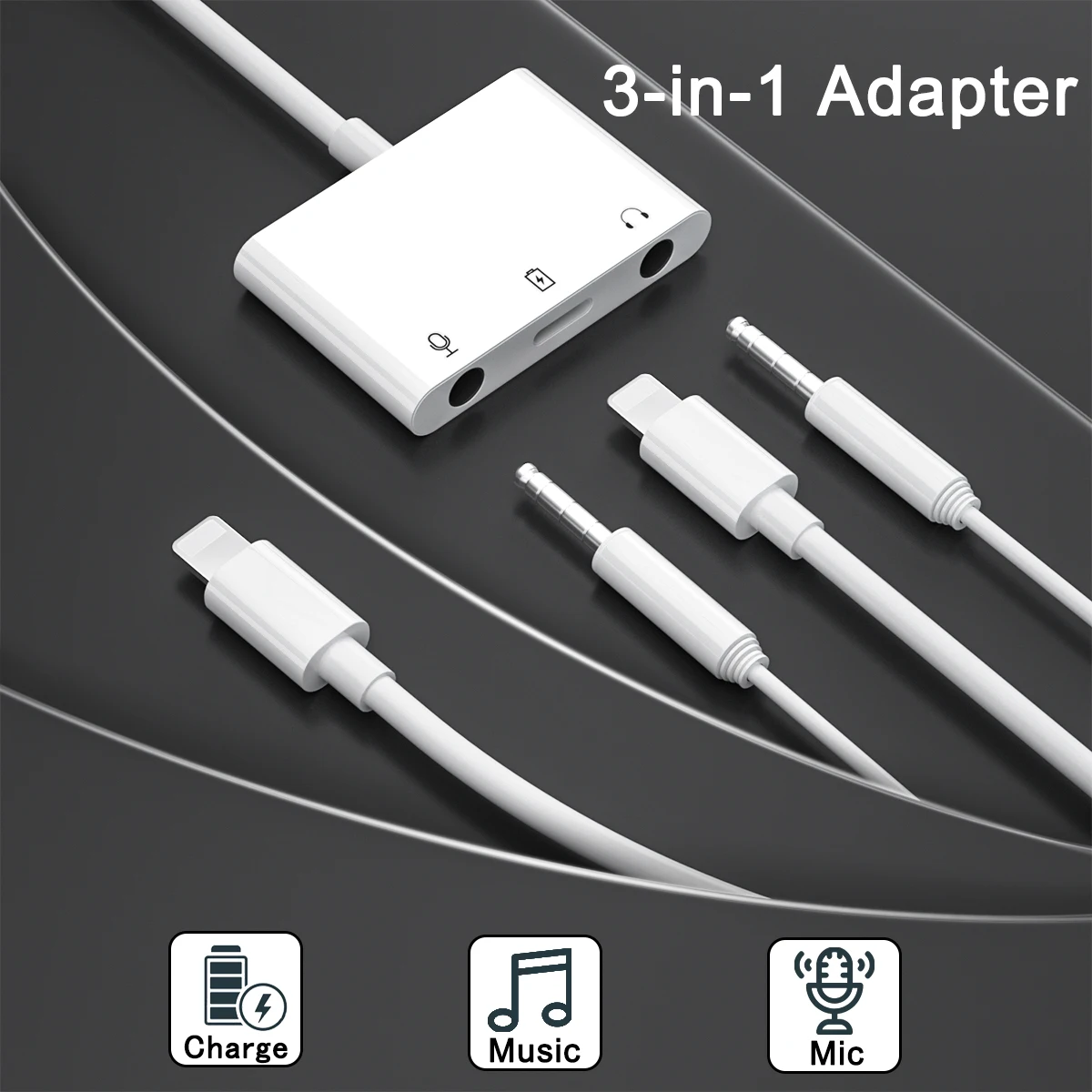 Lightning to Microphone Audio Adapter Support Dual 3.5mm Headphones Jack 3 in 1 Audio In and Out No Need APP For iPhone 12/11/X