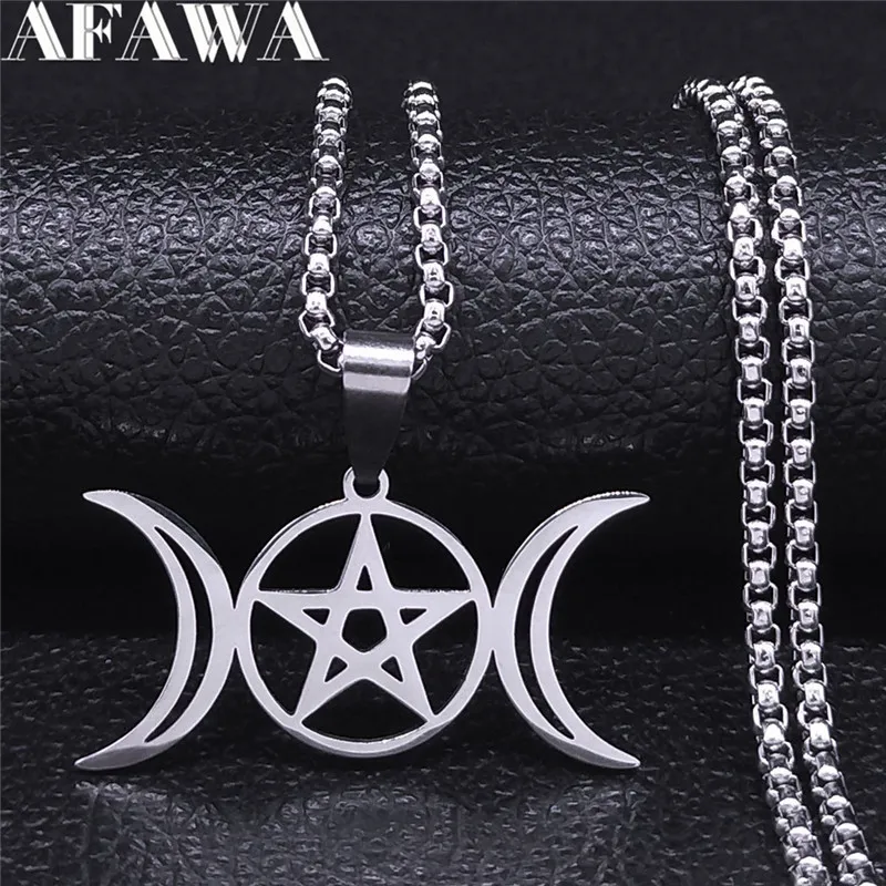 Triple Moon Goddess Wicca Pentagram Necklace Stainless Steel Witch Chain Necklaces Women Jewelry Collares De Acero Inoxida N3873