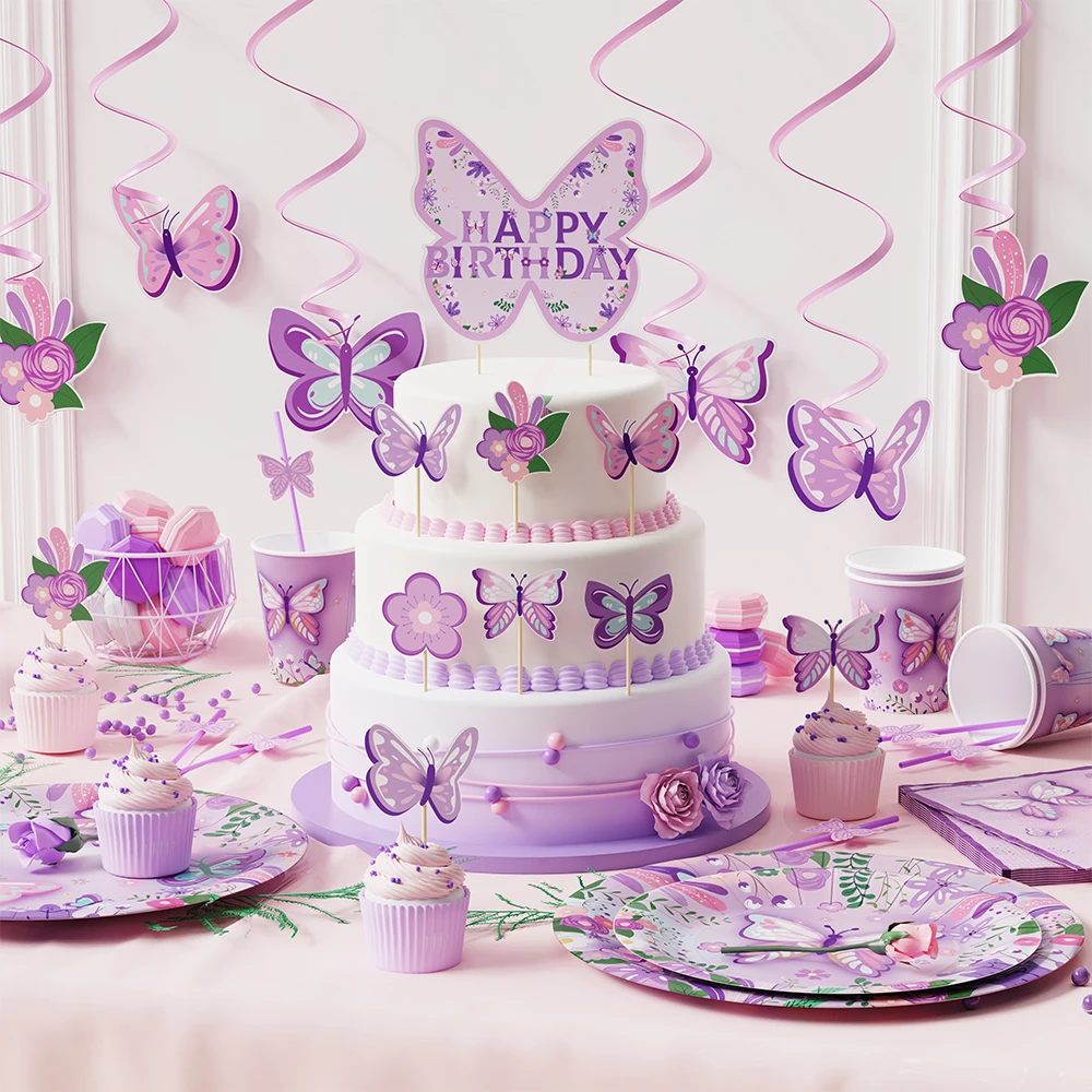 Purple Butterfly Disposable Tableware Baptism Gender Reveal Baby Shower Supplie Banner Paper Plate Butterfly Birthday Party Deco