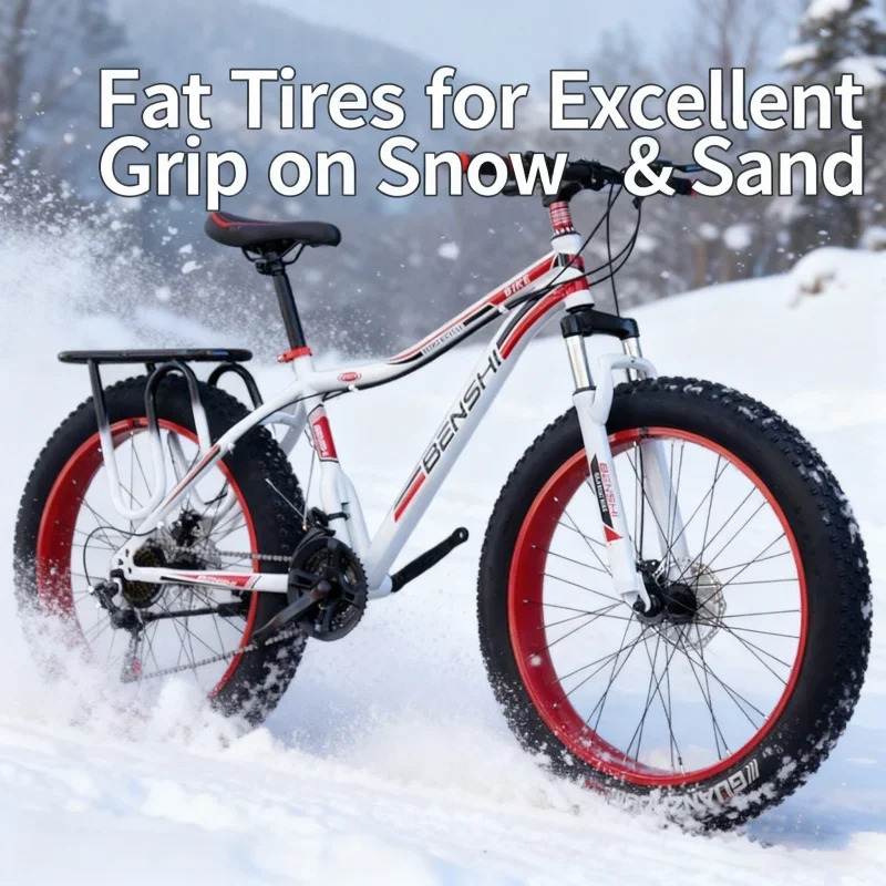 

Adult Men's White And Red Large Tire Fat Bike - Off-Road Thick Wide Snow Mountain Beach Bicycle with Variable Speed System