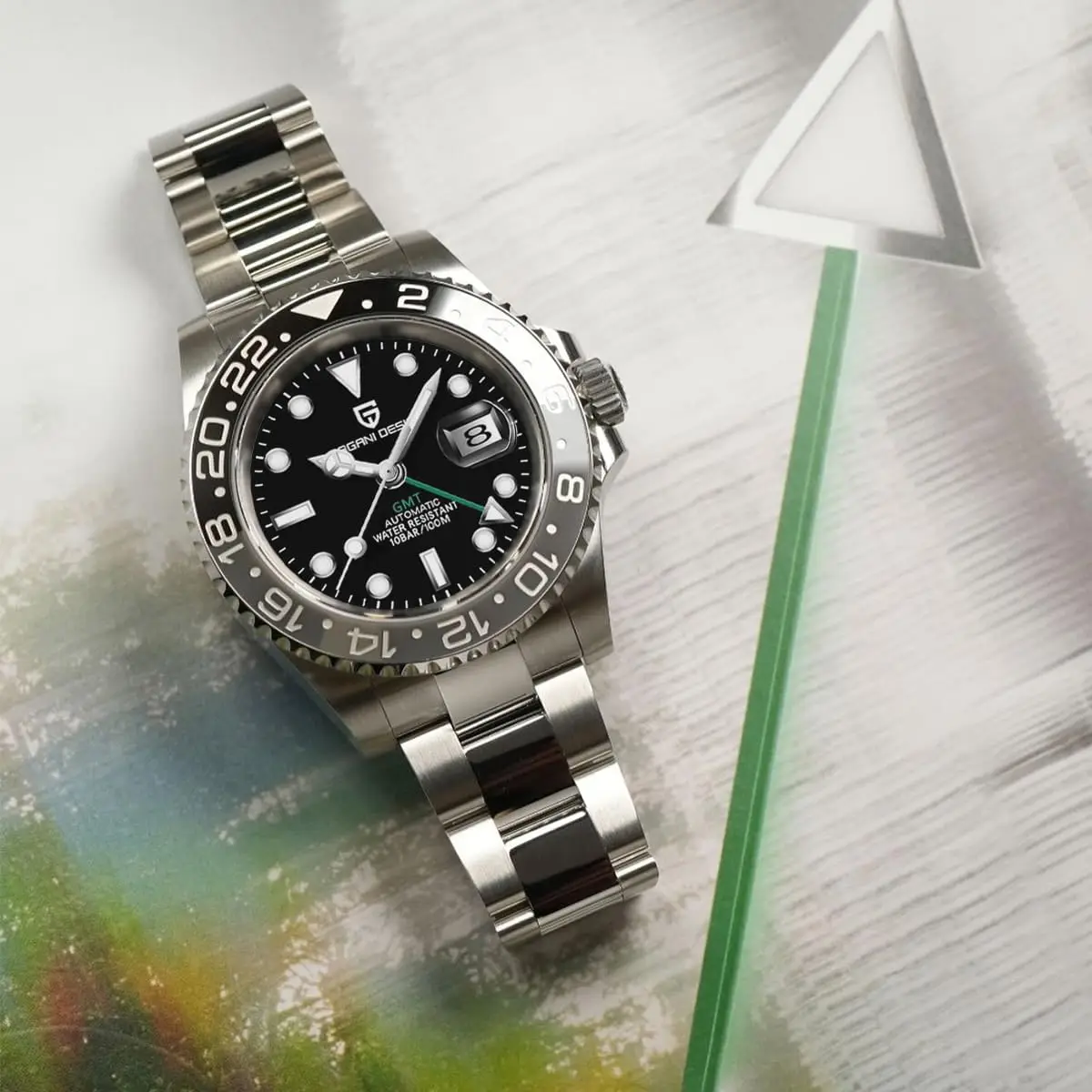 GMT Automatic Mechanical Men's Watch with Rotating Ceramic Bezel, Stainless Steel, Date Function