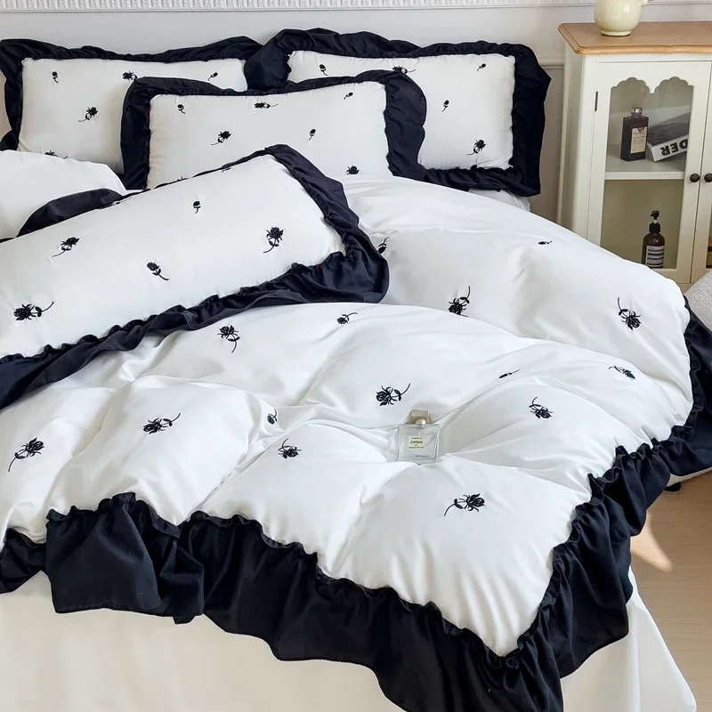 New Luxury Bed Linen Set, Ice Silk, with Korean - style Embroidery and Ruffled Lace, for 1.2m, 1.8m Single and Double Beds 2025